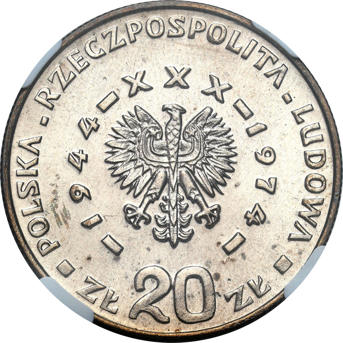 PRL. PRÓBA miedzionikiel 20 złotych 1974 XXX lat PRL - HYBRYDA, NGC MS65 (2 MAX)